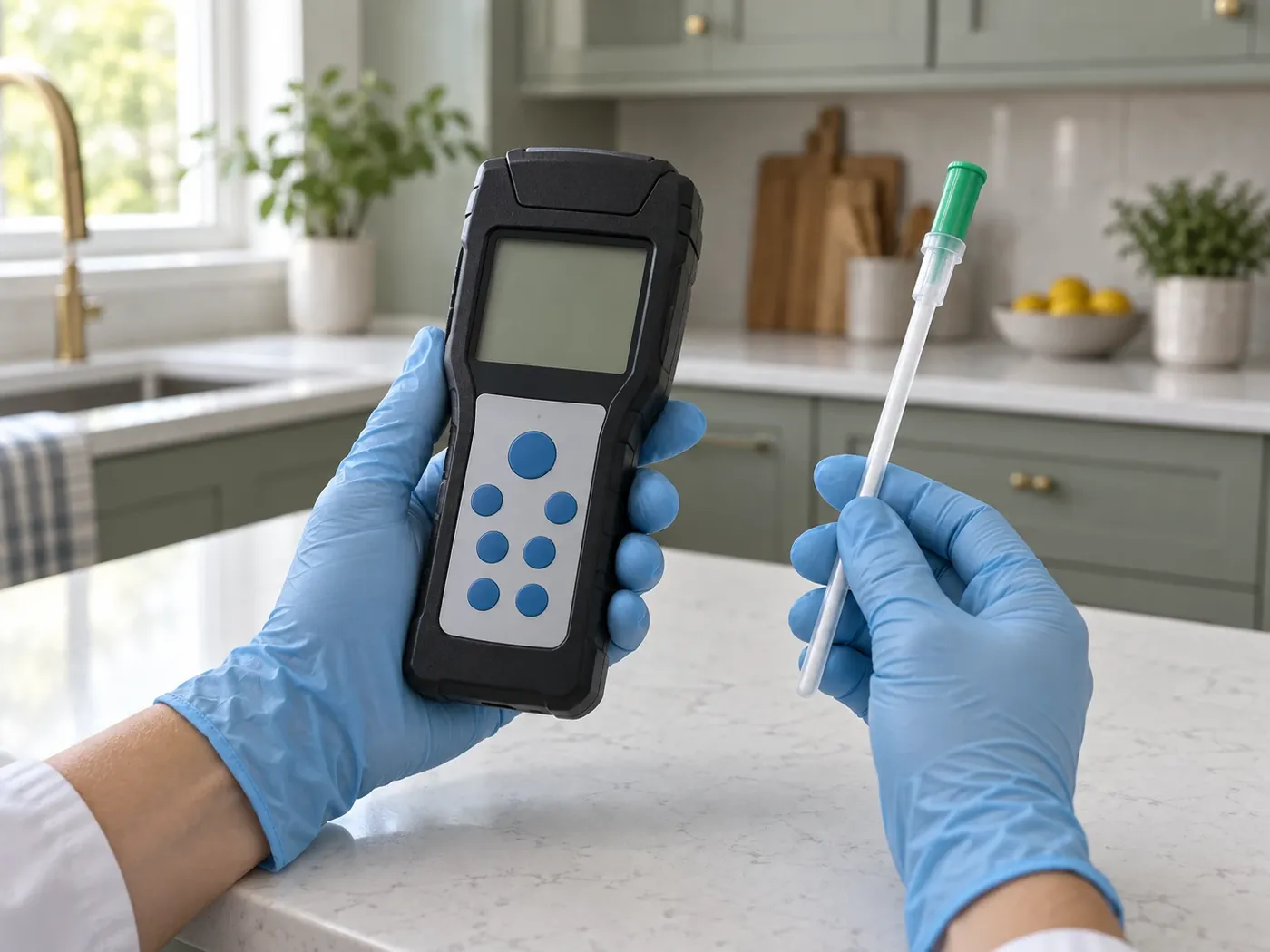 Gloved hands holding an ATP meter and a test swab over a kitchen counter