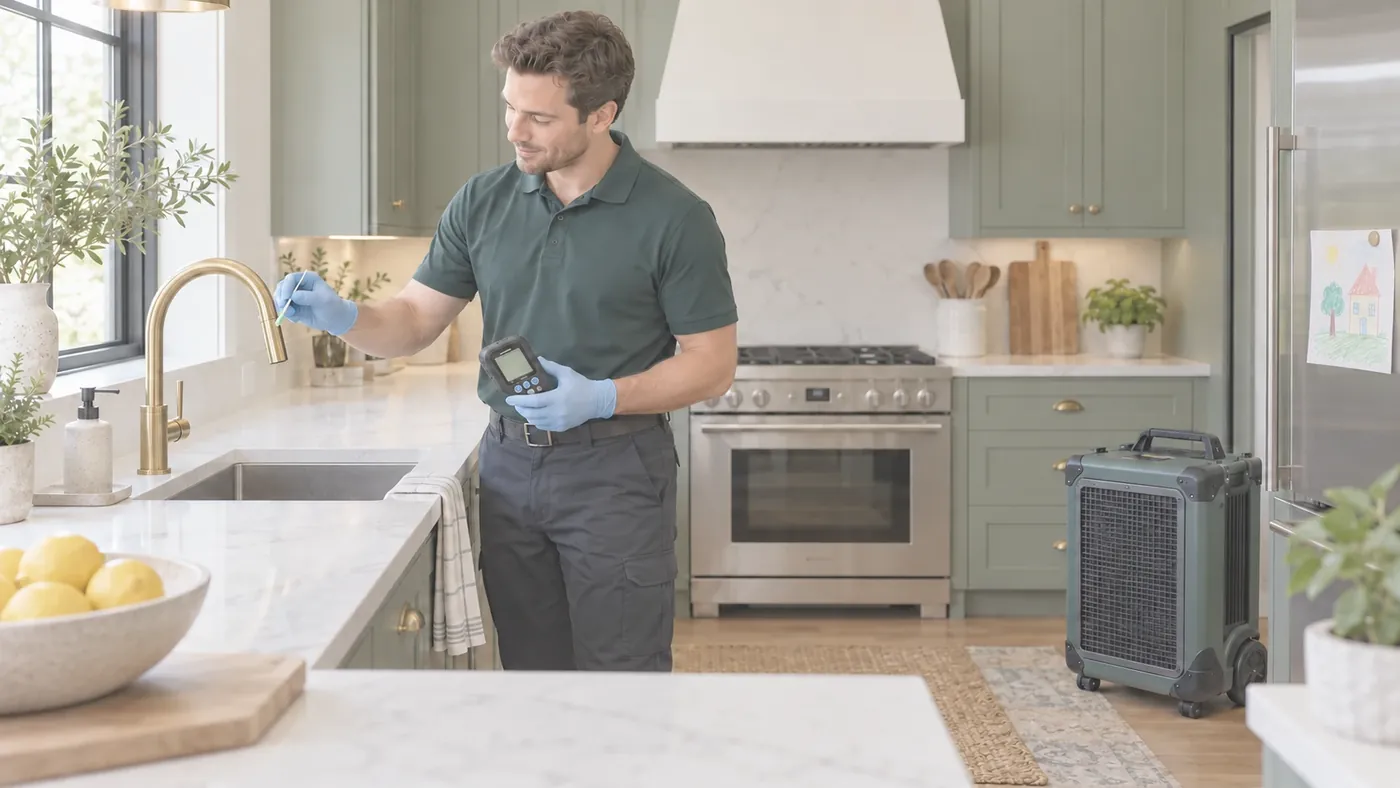 Technician testing a kitchen faucet while a HEPA air scrubber runs in the corner